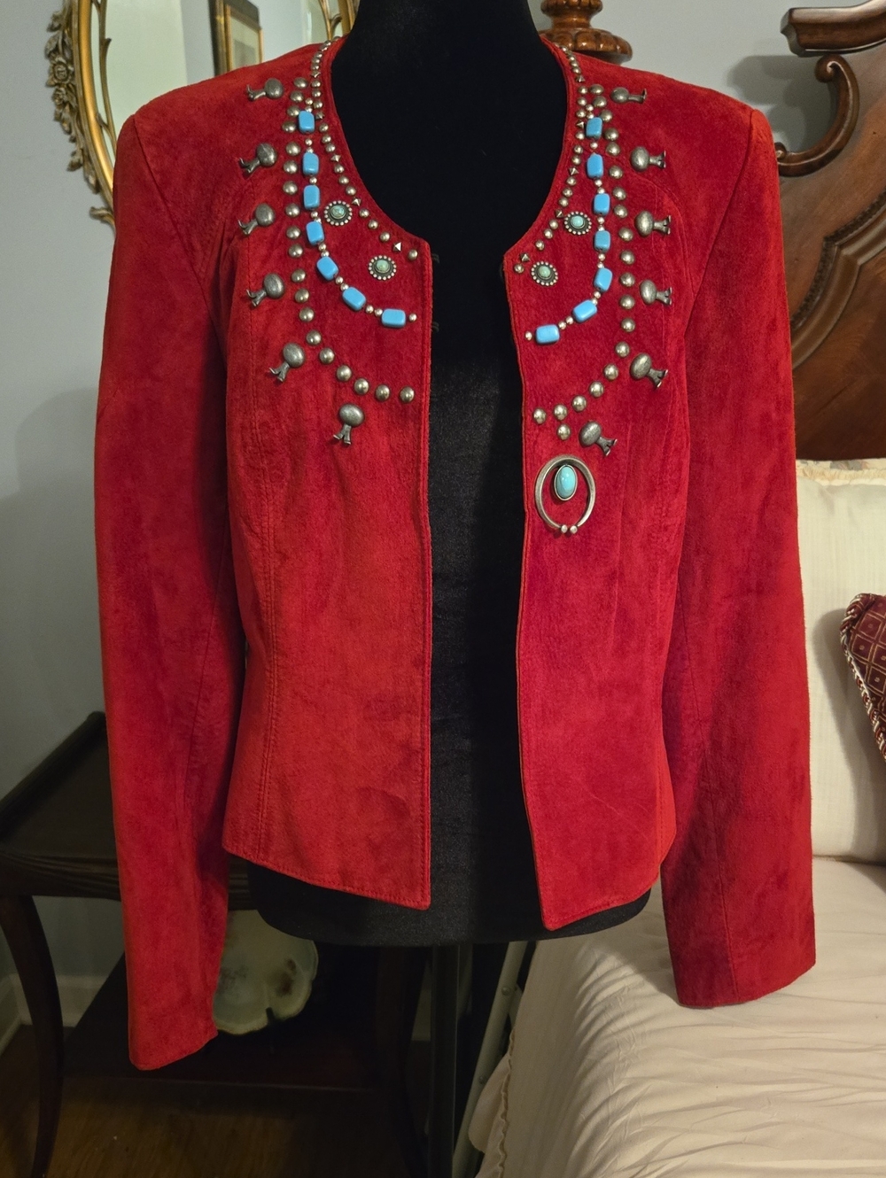 Double D Ranch Red Suede Jacket with Turquoise Accents